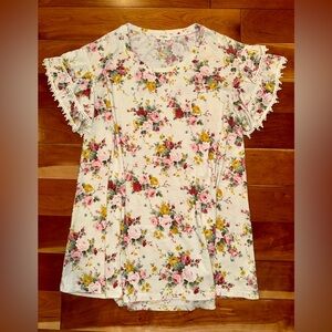 Umgee Floral Mini Ivory Dress with Lace Sleeves